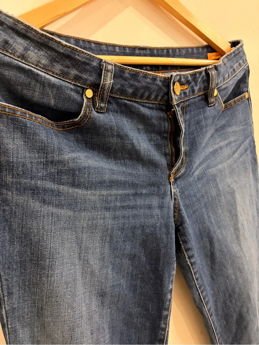 Tory Burch Super Skinny Jeans in Dark and Light Blue with Gold Stitching
